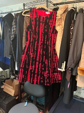 Calvin Klein Black and Red Patterned Sleeveless A-Line Dress